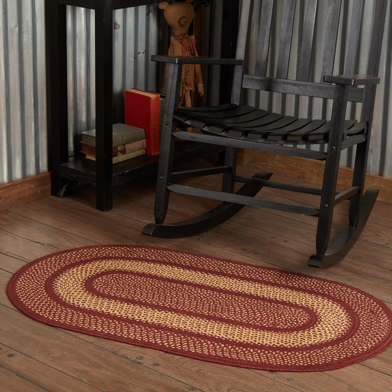 Burgundy Red Primitive Jute Braided Rug Oval 27"x48" with Rug Pad VHC Brands - The Fox Decor