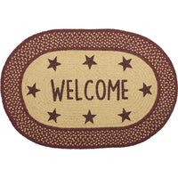 Burgundy Red Primitive Jute Braided Rug Oval Stencil Stars Welcome 20