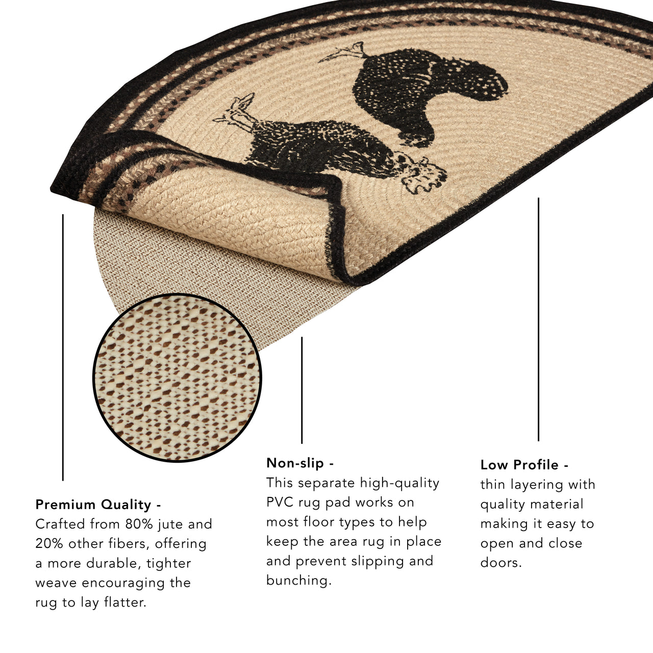 Sawyer Mill Charcoal Pig Jute Braided Rug Half Circle with Rug Pad 16.5"x33" VHC Brands