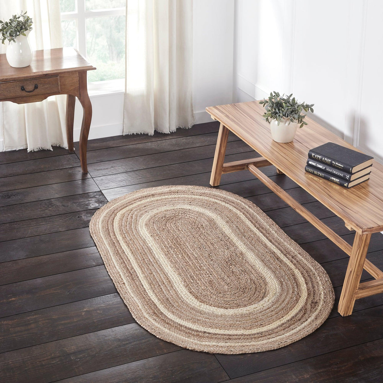 Natural & Creme Jute Braided Rugs Oval with Rug Pads VHC Brands