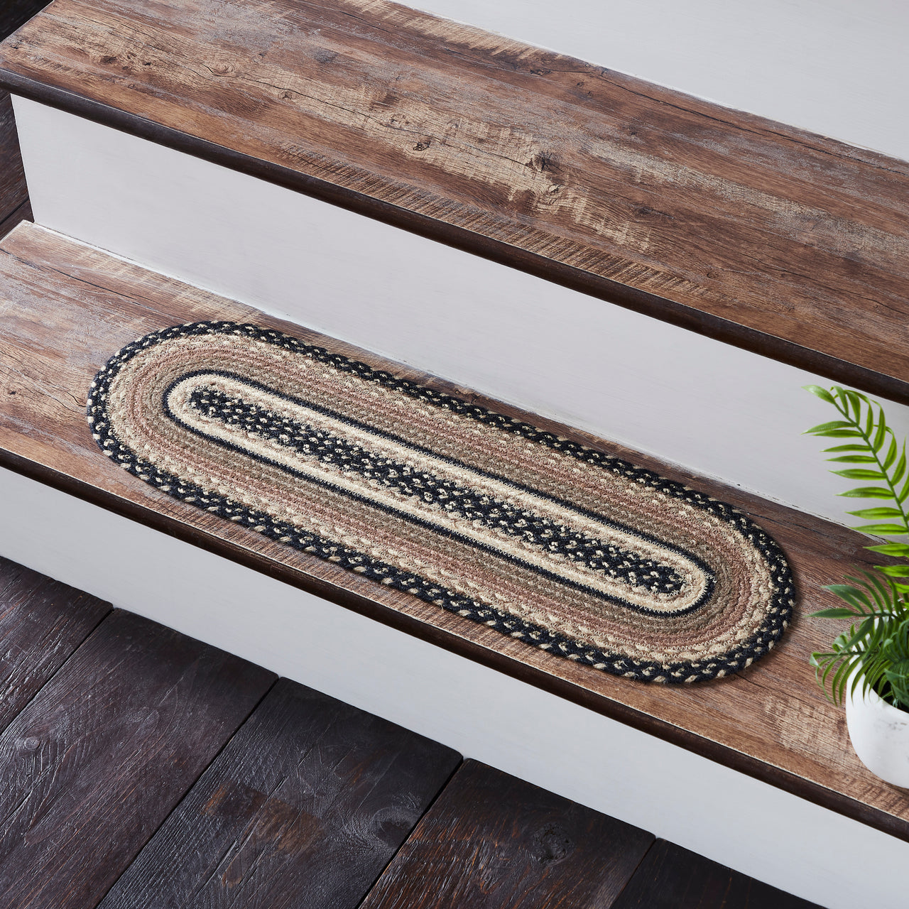 Sawyer Mill Charcoal Creme Jute Braided Stair Tread Oval Latex 8.5"x27" VHC Brands - The Fox Decor