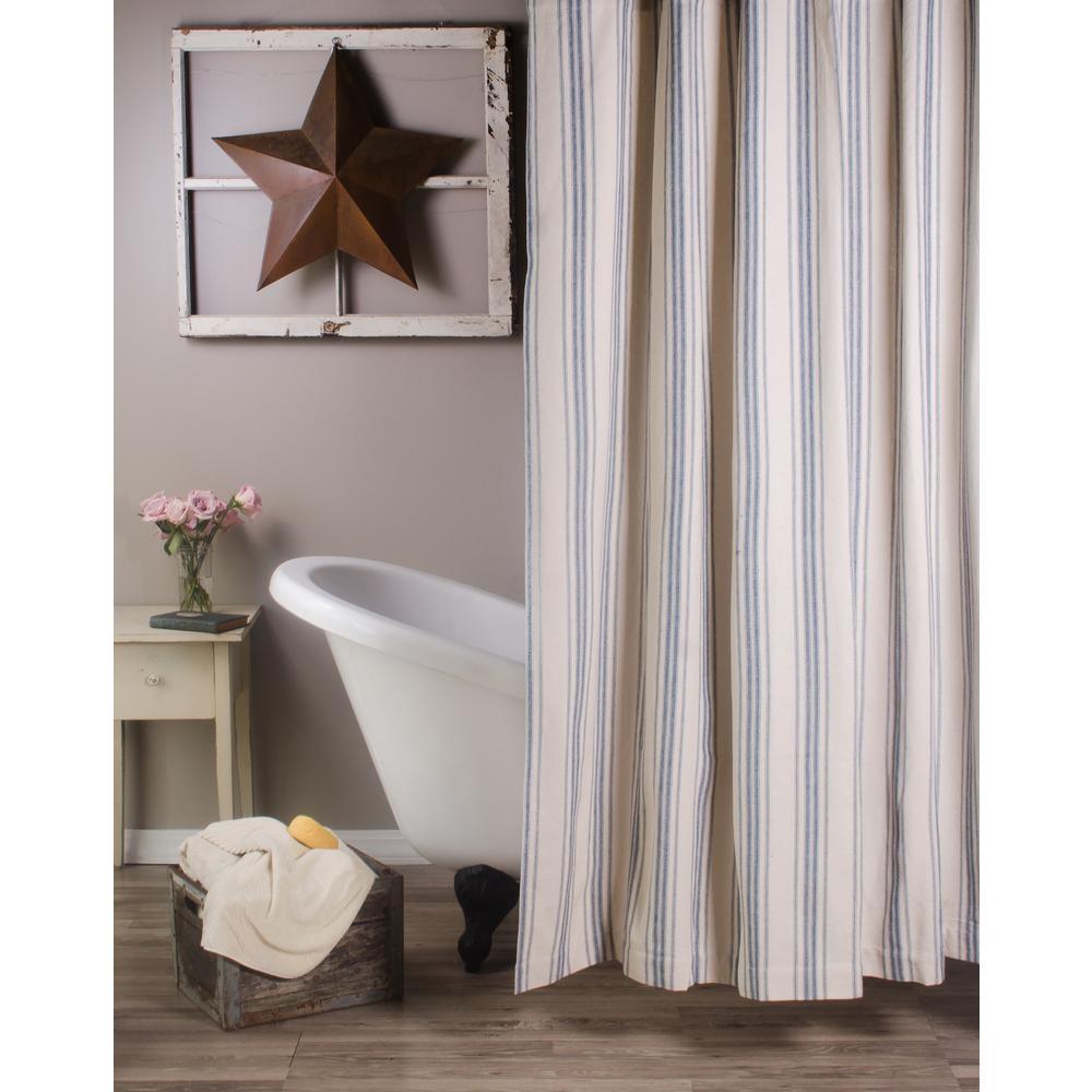 Cream Colonial Blue Grain Sack Stripe Shower Curtain SC165014 - The Fox Decor