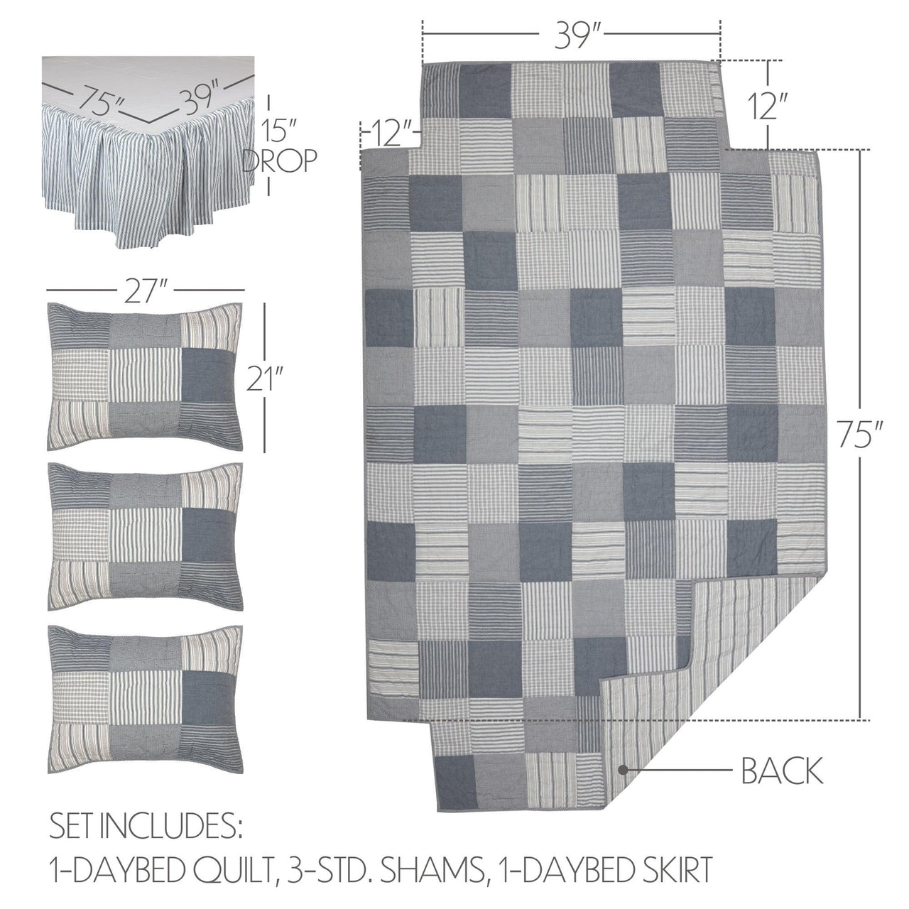 Sawyer Mill Blue 5pc Daybed Quilt Set (1 Quilt, 1 Bed Skirt, 3 Standard Shams) VHC Brands - The Fox Decor