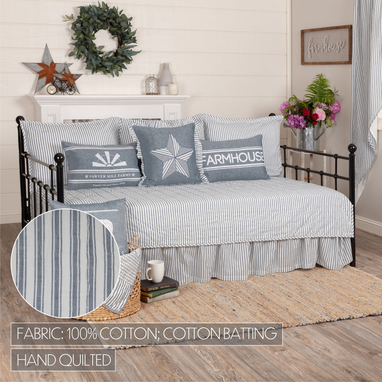 Sawyer Mill Blue Ticking Stripe 5pc Daybed Quilt Set (1 Quilt, 1 Bed Skirt, 3 Standard Shams) VHC Brands