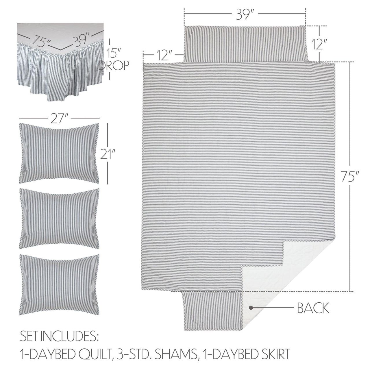 Sawyer Mill Blue Ticking Stripe 5pc Daybed Quilt Set (1 Quilt, 1 Bed Skirt, 3 Standard Shams) VHC Brands - The Fox Decor