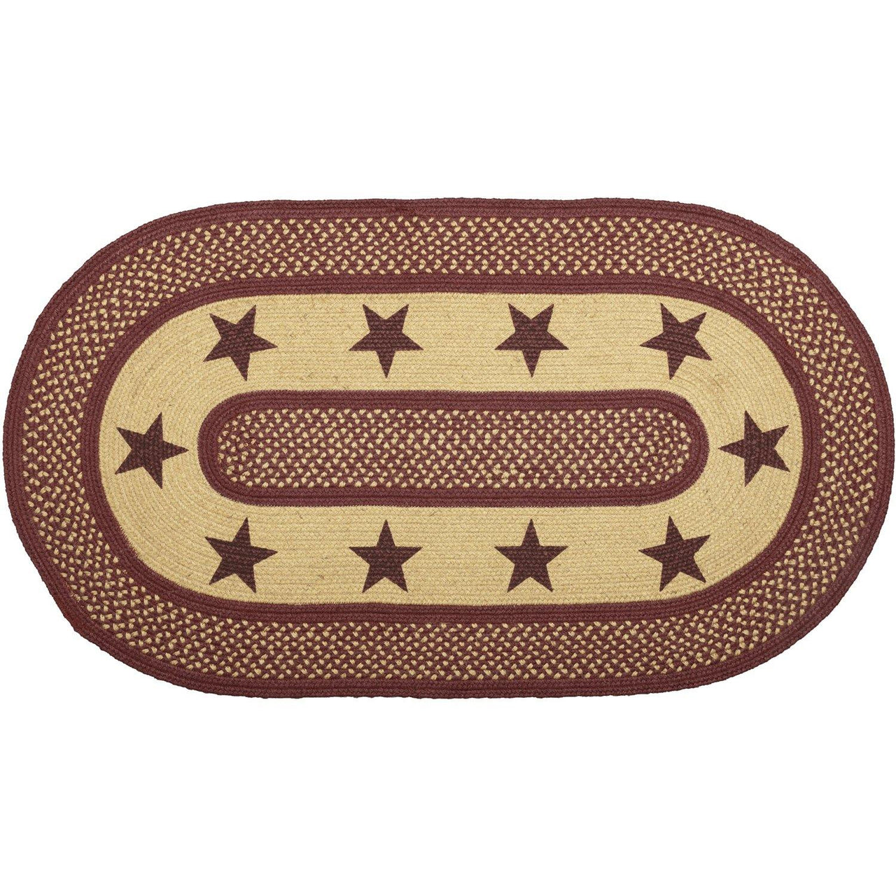 Burgundy Red Primitive Jute Braided Rug Oval Stencil Stars 27"x48" with Rug Pad VHC Brands - The Fox Decor