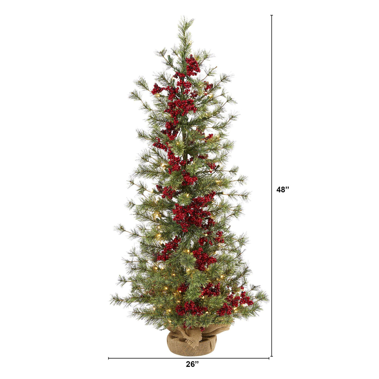 4’ Berry and Pine Artificial Christmas Tree with 100 Warm White Lights and Burlap Wrapped Base - The Fox Decor