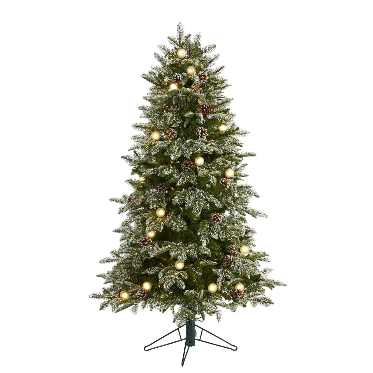 5' Flocked Whistler Mountain Fir Artificial Christmas Tree with 250 Warm White LED Lights with Instant Connect Technology, 28 Globe Bulbs, Pine Cones and 480 Bendable Branches