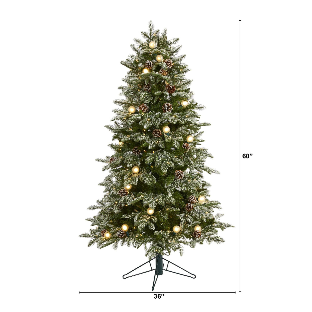 5' Flocked Whistler Mountain Fir Artificial Christmas Tree with 250 Warm White LED Lights with Instant Connect Technology, 28 Globe Bulbs, Pine Cones and 480 Bendable Branches - The Fox Decor