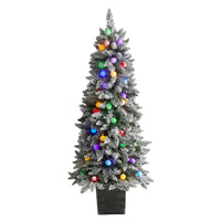 Thumbnail for 5' Flocked British Columbia Mountain Fir Artificial Christmas Tree in Decorative Planter with 50 Multi Color Globe Bulbs and 379 Bendable Branches