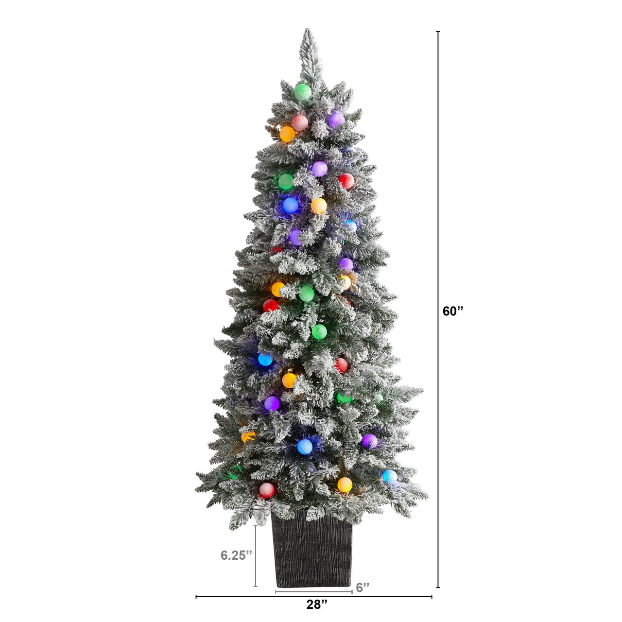 5' Flocked British Columbia Mountain Fir Artificial Christmas Tree in Decorative Planter with 50 Multi Color Globe Bulbs and 379 Bendable Branches - The Fox Decor
