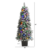 Thumbnail for 5' Flocked British Columbia Mountain Fir Artificial Christmas Tree in Decorative Planter with 50 Multi Color Globe Bulbs and 379 Bendable Branches - The Fox Decor