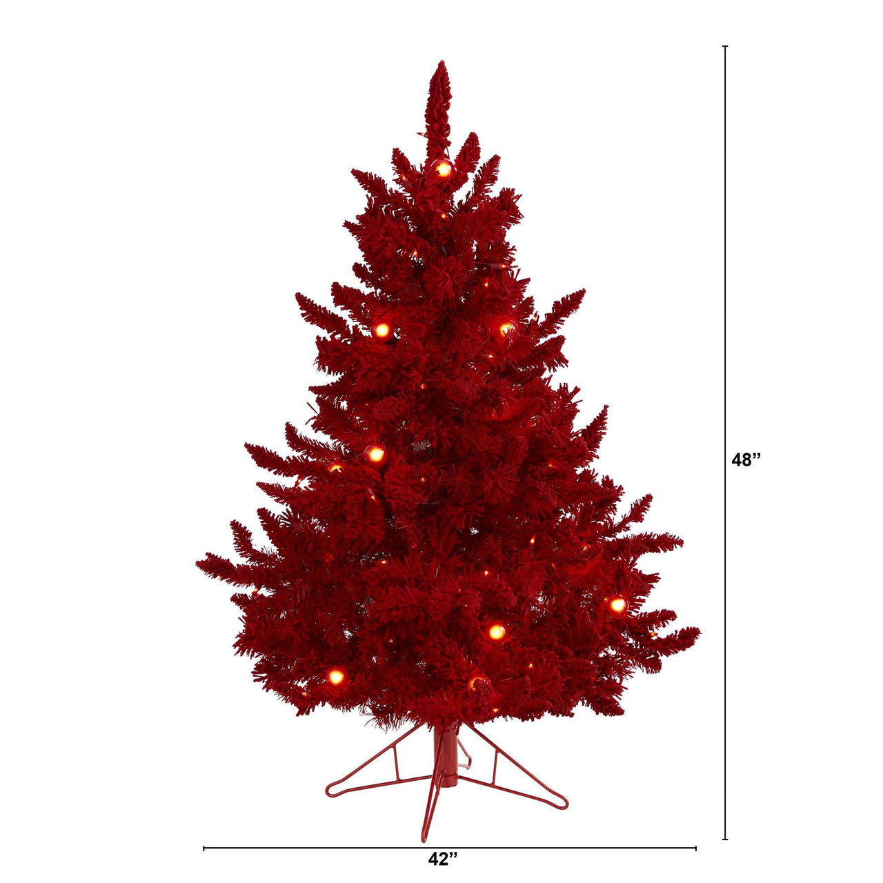 4' Red Flocked Fraser Fir Artificial Christmas Tree with 100 Red Lights, 14 Globe Bulbs and 270 Bendable Branches - The Fox Decor