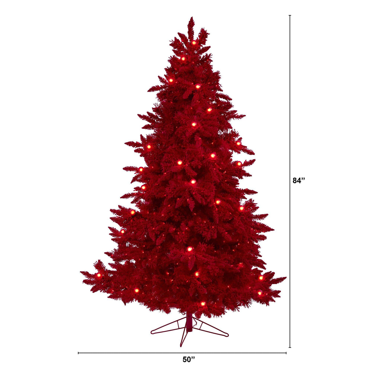 7' Red Flocked Fraser Fir Artificial Christmas Tree with 500 Red Lights, 40 Globe Bulbs and 1039 Bendable Branches - The Fox Decor