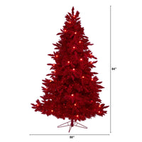 Thumbnail for 7' Red Flocked Fraser Fir Artificial Christmas Tree with 500 Red Lights, 40 Globe Bulbs and 1039 Bendable Branches - The Fox Decor