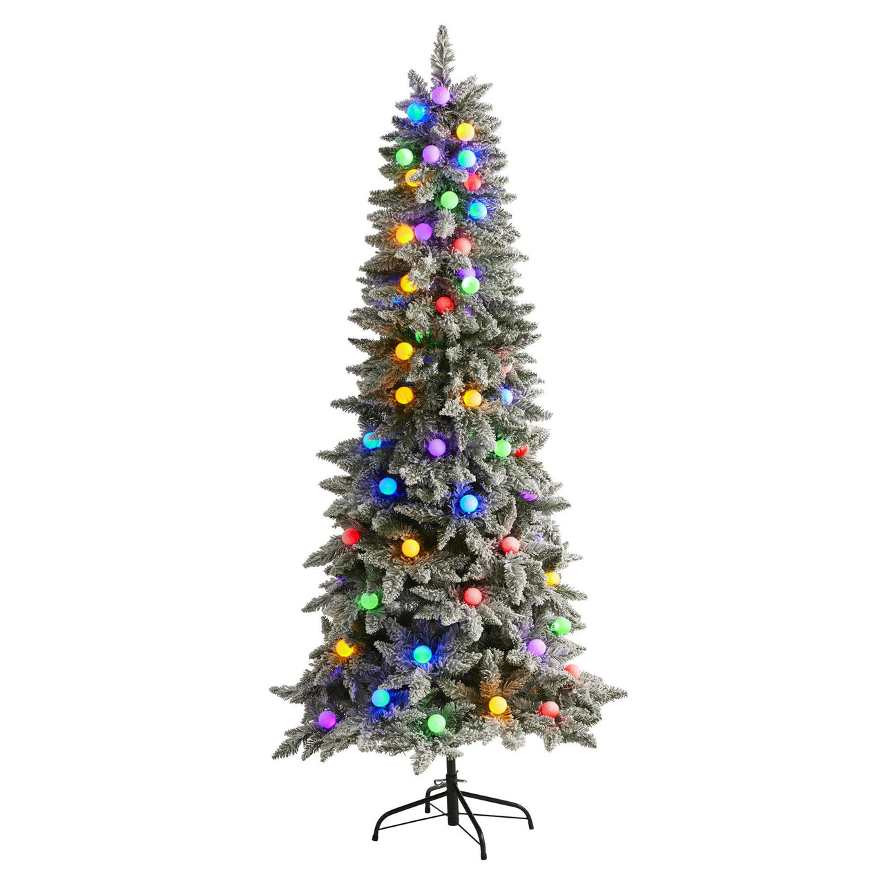6.5' Flocked British Columbia Mountain Fir Artificial Christmas Tree in Decorative Planter with 75 Multi Color Globe Bulbs and 679 Bendable Branches