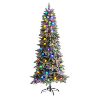 Thumbnail for 6.5' Flocked British Columbia Mountain Fir Artificial Christmas Tree in Decorative Planter with 75 Multi Color Globe Bulbs and 679 Bendable Branches
