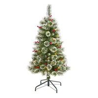 Thumbnail for 4’ Frosted Swiss Pine Artificial Christmas Tree with 100 Clear LED Lights and Berries