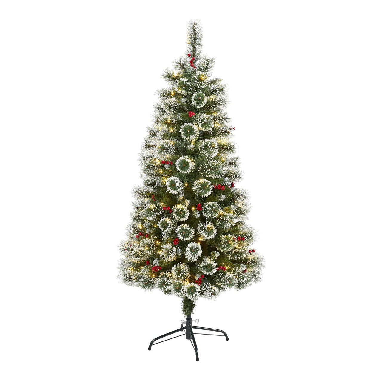 5’ Frosted Swiss Pine Artificial Christmas Tree with 200 Clear LED Lights and Berries