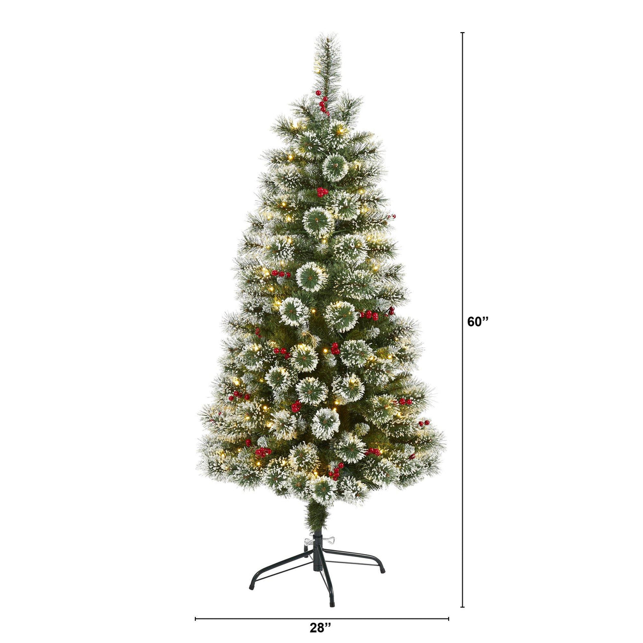 5’ Frosted Swiss Pine Artificial Christmas Tree with 200 Clear LED Lights and Berries - The Fox Decor