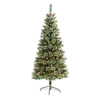 Thumbnail for 6’ Frosted Swiss Pine Artificial Christmas Tree with 300 Clear LED Lights and Berries