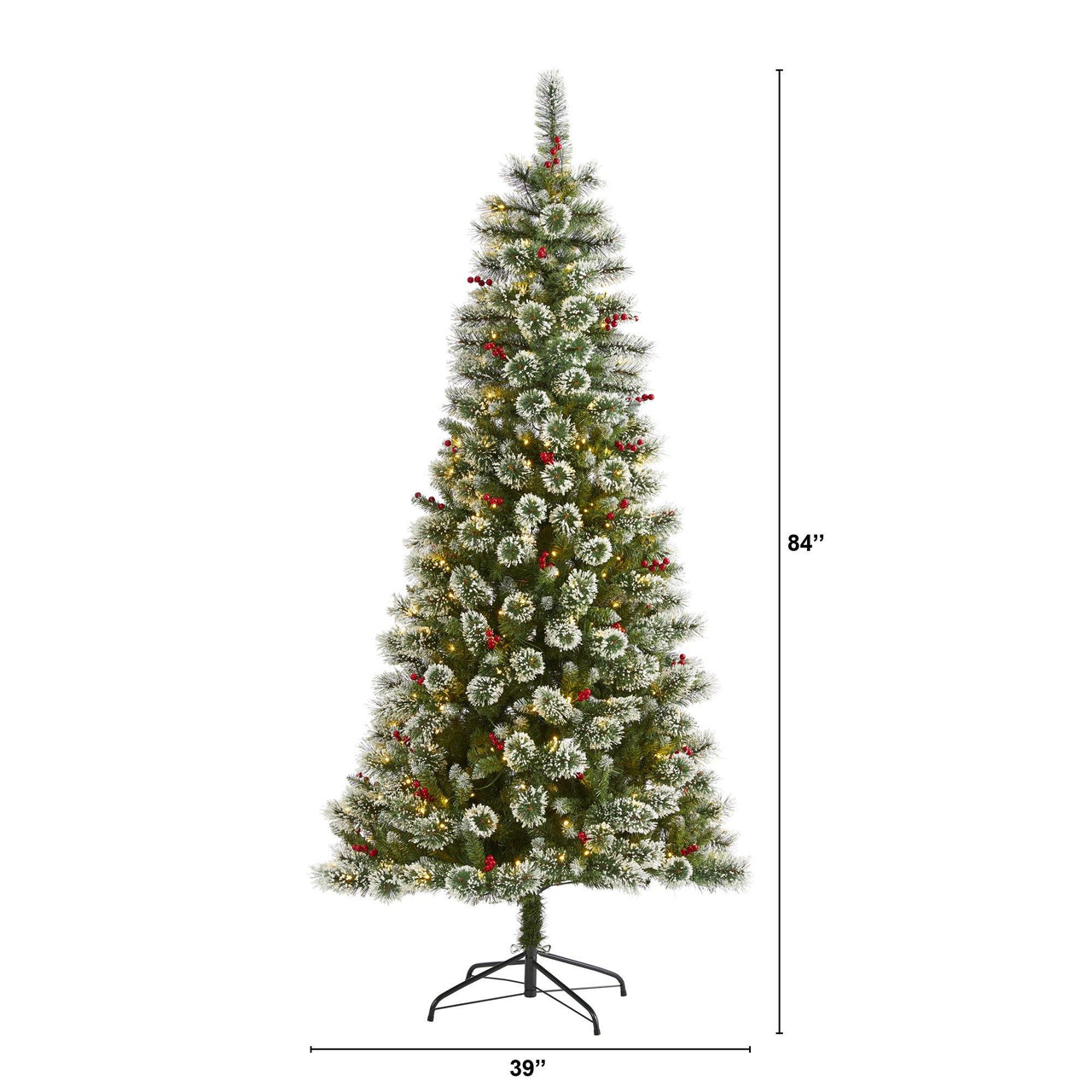 7’ Frosted Swiss Pine Artificial Christmas Tree with 400 Clear LED Lights and Berries - The Fox Decor