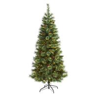 Thumbnail for 6’ White Mountain Pine Artificial Christmas Tree with 300 Clear LED Lights and Pine Cones