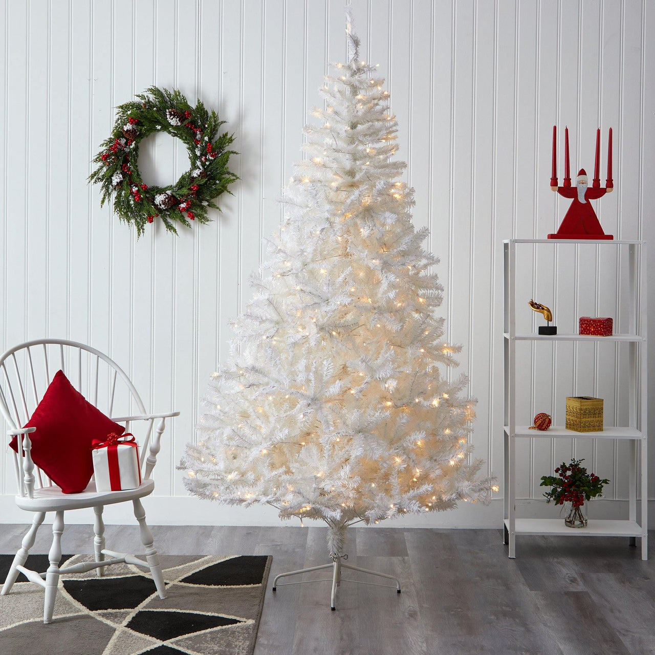 7' White Artificial Christmas Tree with 1000 Bendable Branches and 350 Clear LED Lights - The Fox Decor