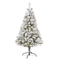 Thumbnail for 5' Flocked White River Mountain Pine Artificial Christmas Tree with Pinecones and 150 Clear LED Lights