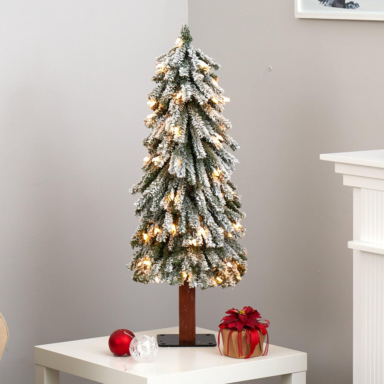 3’ Flocked Grand Alpine Artificial Christmas Tree with 50 Clear Lights and 193 Bendable Branches on Natural Trunk