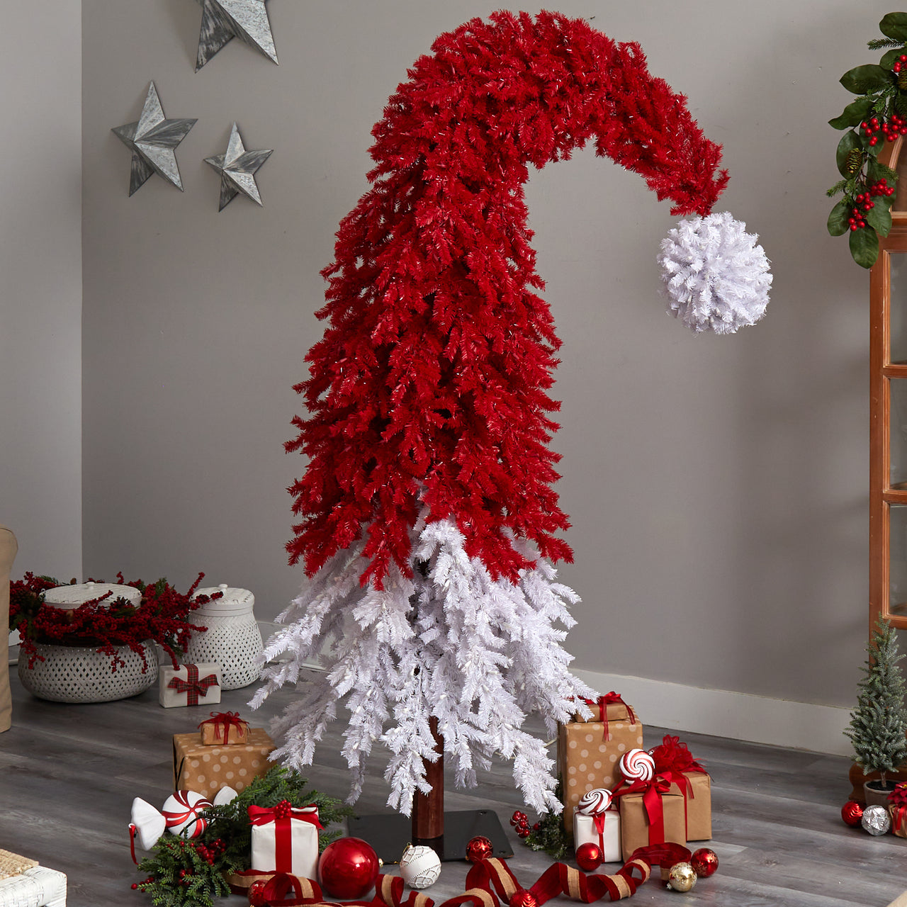 9’ Holiday Red Santa’s Hat Christmas Tree with 600 LED lights and 1992 Bendable Branches Bendable Whoville Tree