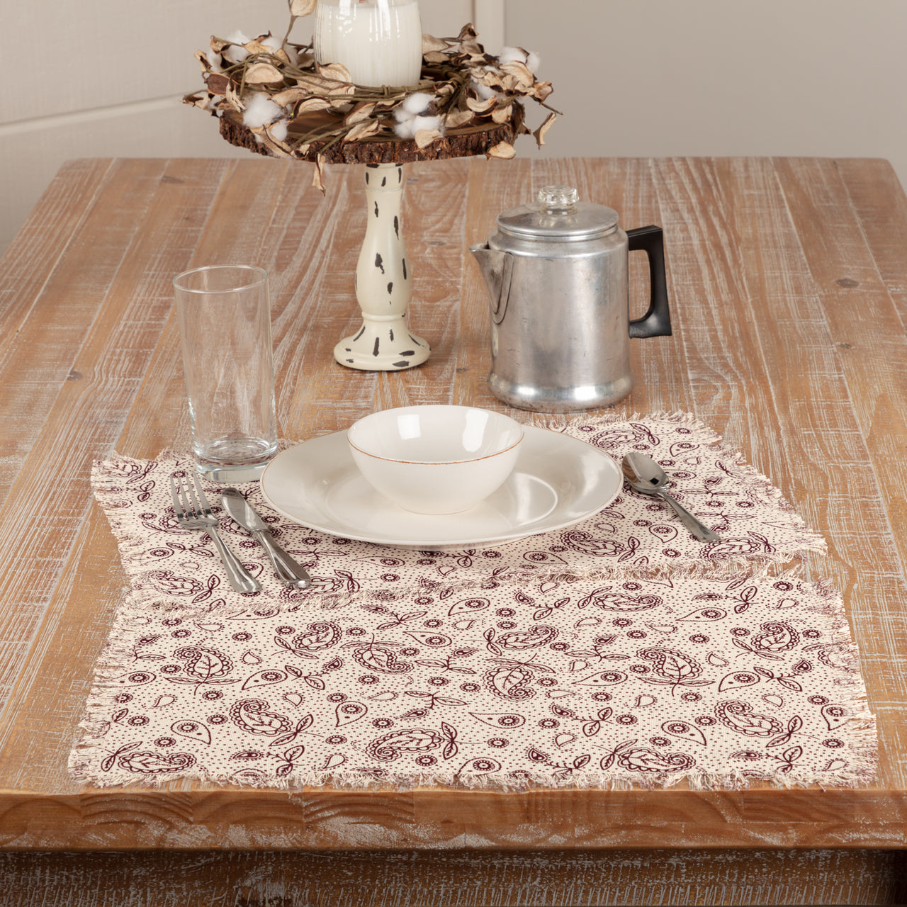Calistoga Placemat Printed Tobaco Cloth Fringed Set 6-12x18 VHC Brands