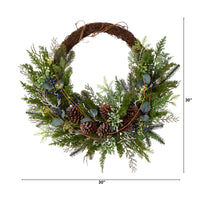Thumbnail for 30” Pine And Pinecone Artificial Christmas Wreath On Twig Ring