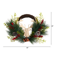 Thumbnail for 22” Holiday Christmas Woodland Deer, Pine Cones And Berries Wreath