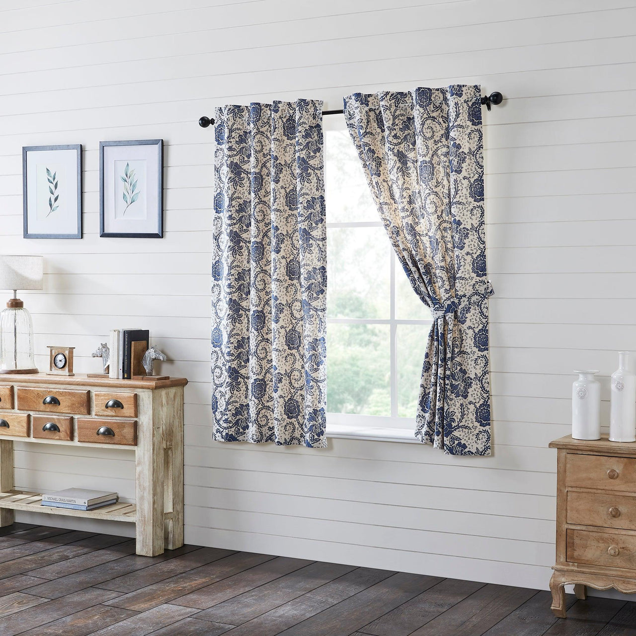 Dorset Navy Floral Short Panel Curtain Set of 2 63x36 VHC Brands - The Fox Decor