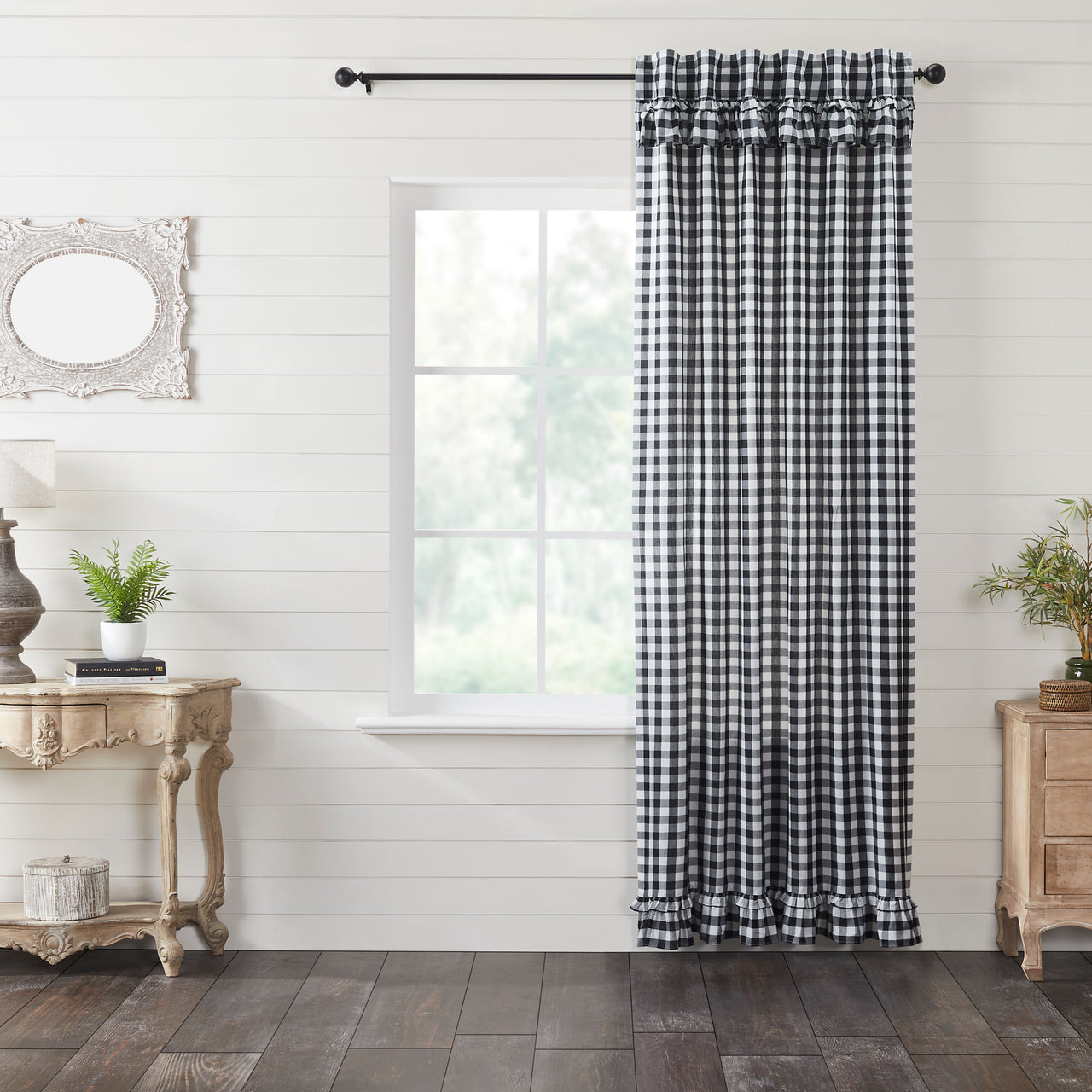 Annie Buffalo Black Check Ruffled Panel Curtain 96"x50" VHC Brands