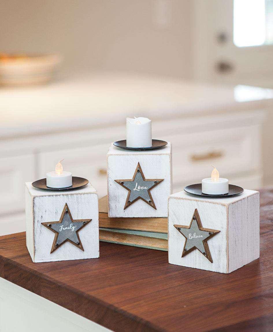 Believe, Family, Love Candle Block, 3 Asst. Pillar & Votive Holders CWI+ 