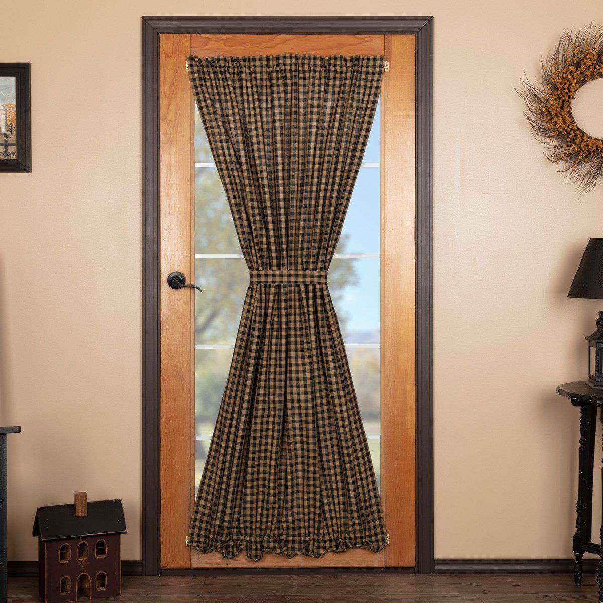 Black Check Door Panel Khaki Curtain 72