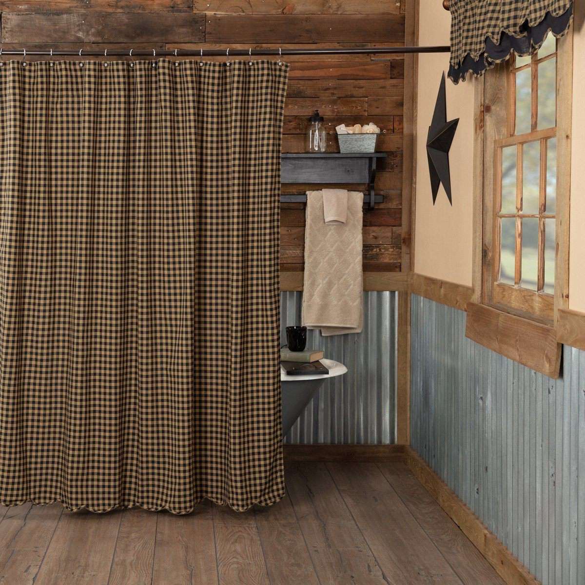 Black Check Scalloped Shower Curtain 72"x72" curtain VHC Brands 
