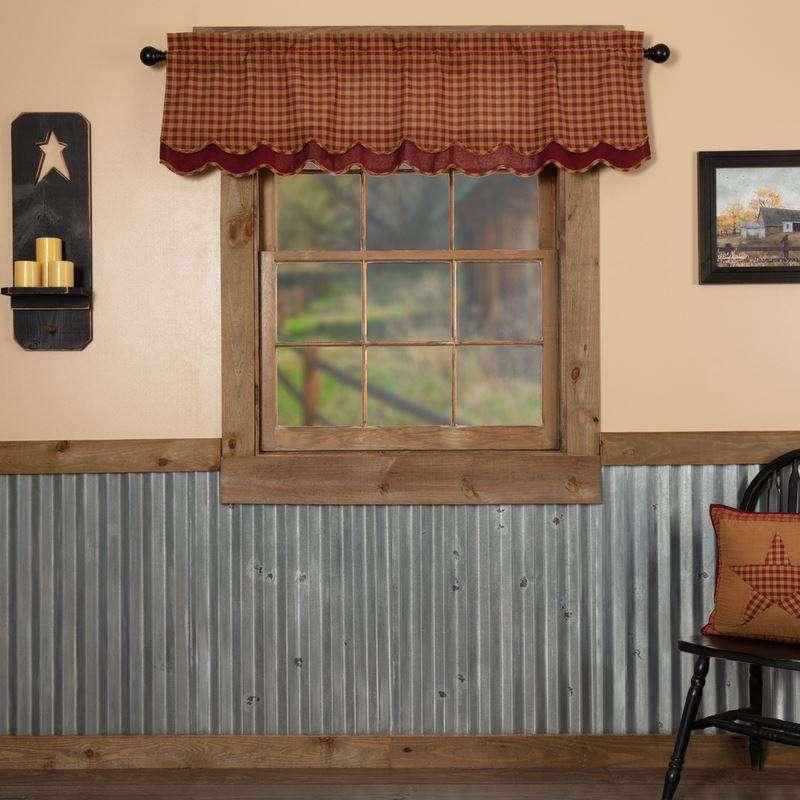 Burgundy Check Scalloped Layered Lined Valance Curtain - The Fox Decor