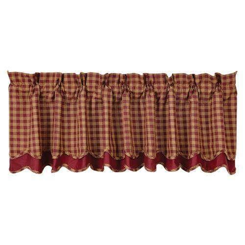 Burgundy Check Scalloped Layered Lined Valance Curtain - The Fox Decor