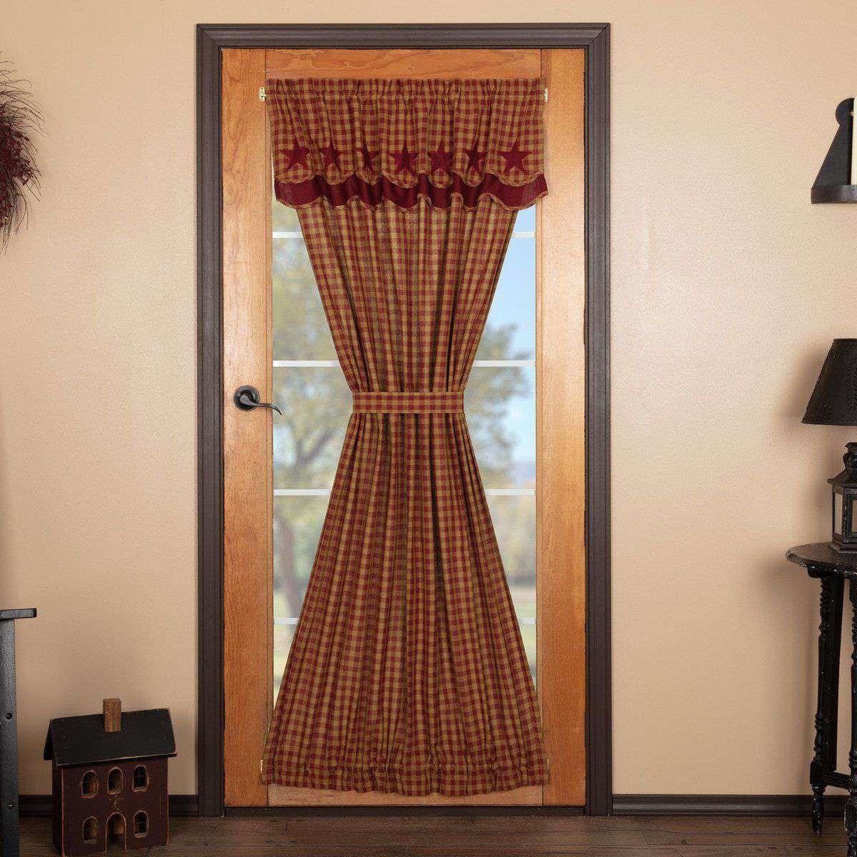 Burgundy Star Door Panel with Attached Scalloped Layered Valance 72