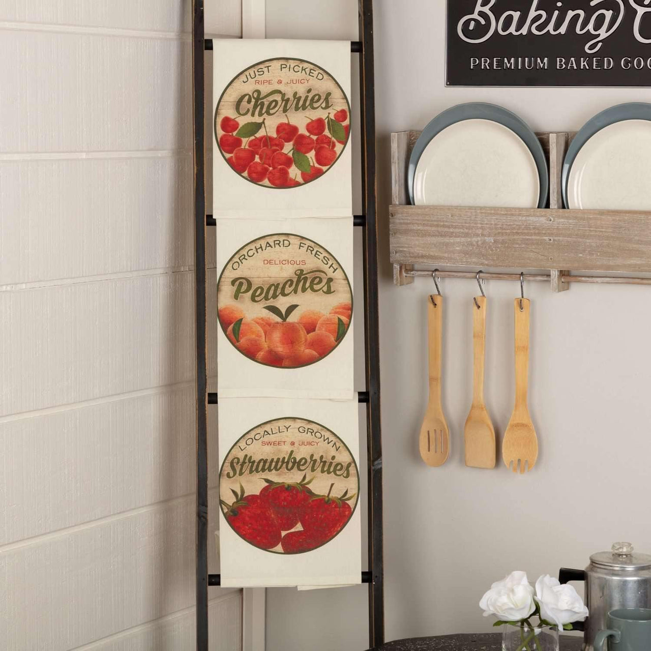 Farmer's Market Fresh Fruit Unbleached Natural Muslin Tea Towel Set of 3 (Cherry; Peach; Strawberry)