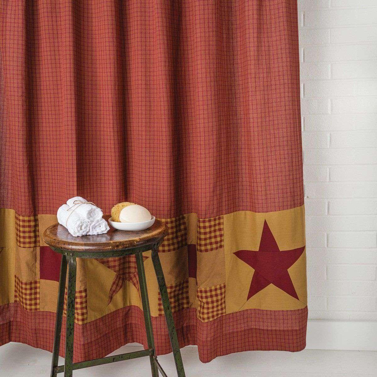 Classic Country Primitive Bath - Ninepatch Star Red Shower Curtain - The Fox Decor
