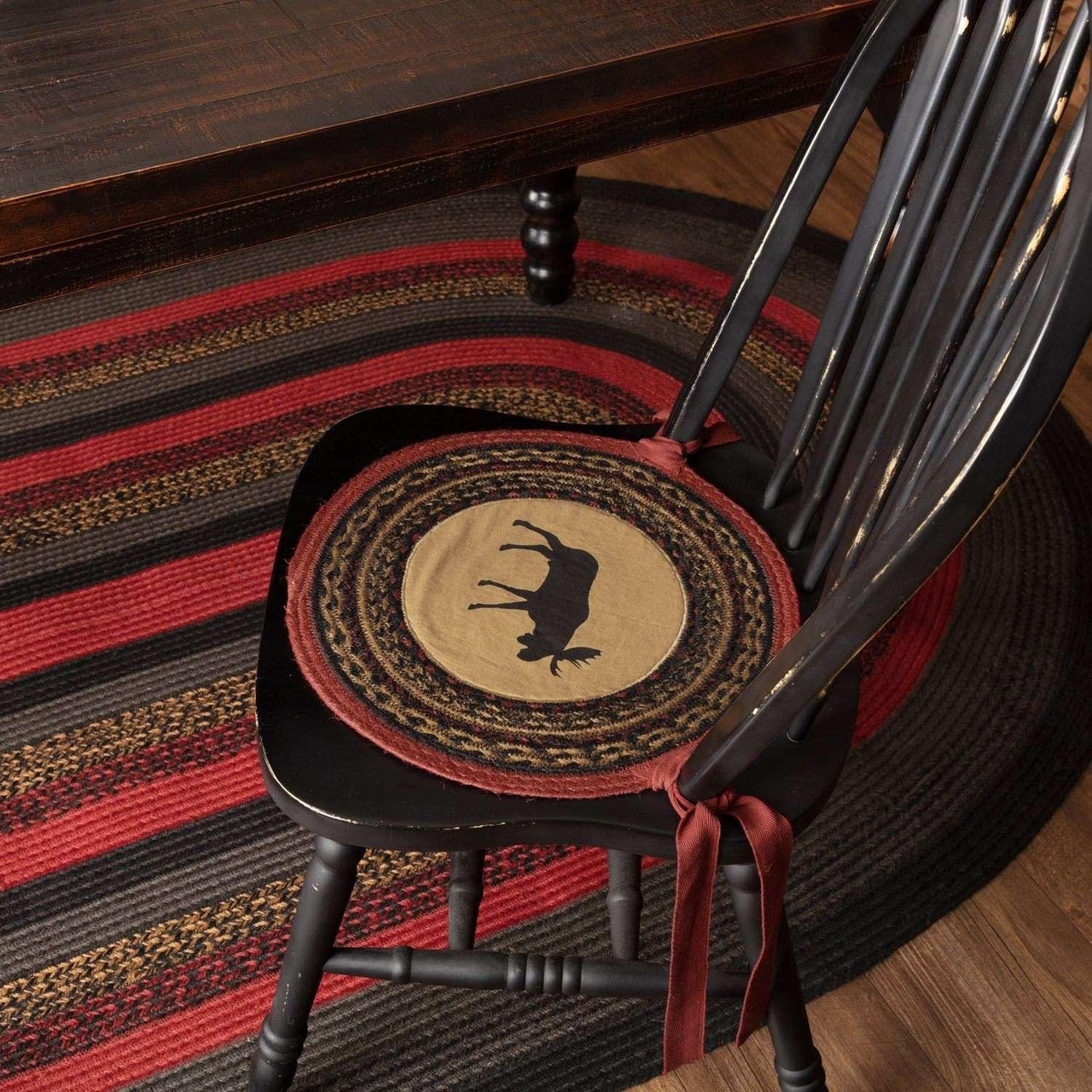 Cumberland Moose Applique Braided Jute Chair Pad Set of 6 Natural, Chili Pepper Red, Caviar - The Fox Decor