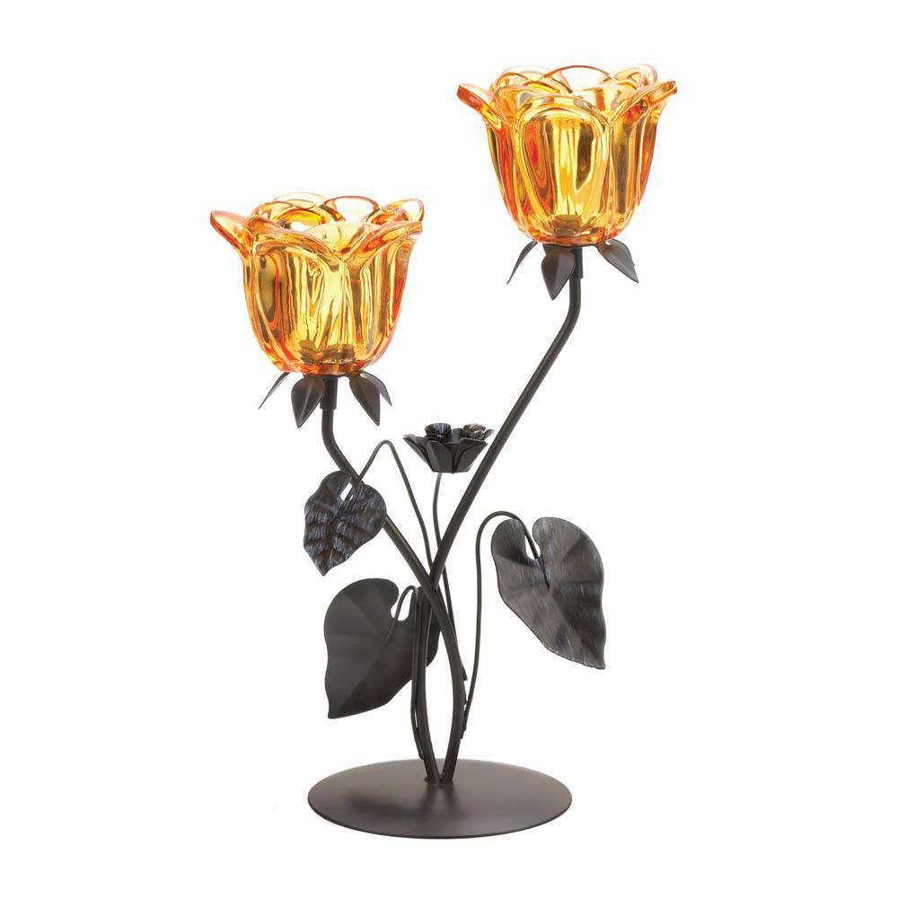 Double Amber Floral Candle Holder