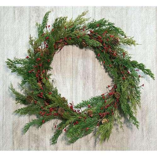 Evergreen Pine w/Red Pips Wreath - The Fox Decor