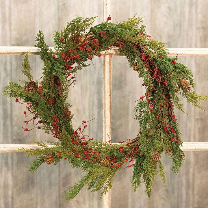 Evergreen Pine w/Red Pips Wreath - The Fox Decor