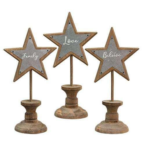 Family, Love, Believe Star Spindle, 3 Asst. - The Fox Decor