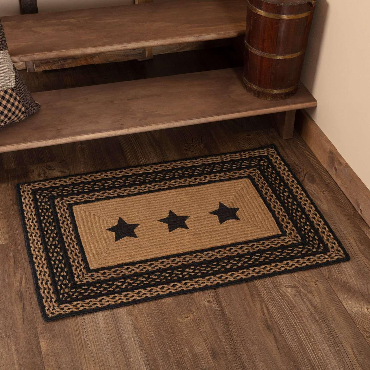 Farmhouse Jute Braided Rugs Rectangular Stencil Stars Country Black, Dark Tan - The Fox Decor